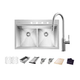 All-in-One Drop-In Stainless Steel 33 in. 4-Hole 50/50 Double Bowl Workstation Sink with Faucet and Accessories Kit - Super Arbor