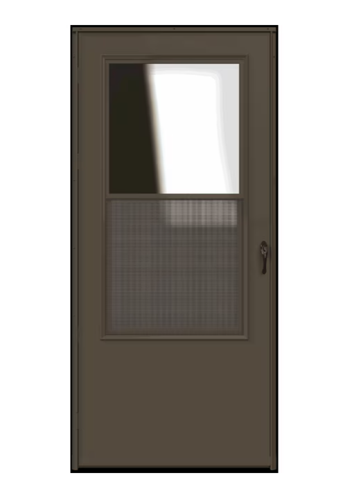 LARSON Bismarck 34-in x 81-in Brown Mid-view Self-storing Wood Core Storm Door with Matte Black Handle