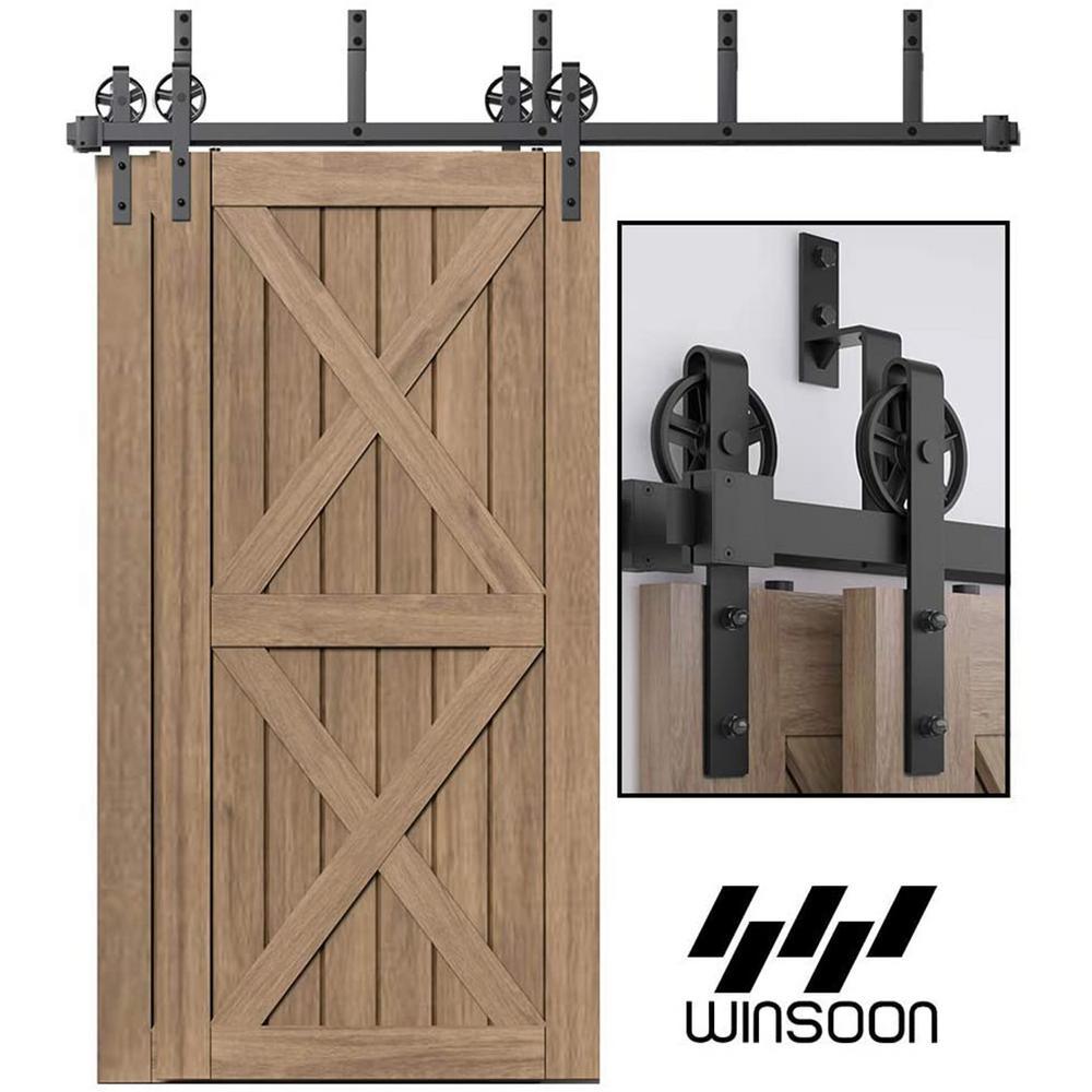 11 ft./132 in. Black Sliding Bypass Barn Door Hardware Track Kit for Double Doors with Non-Routed Floor Guide - Super Arbor