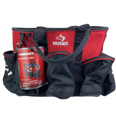 Husky 14 in. Wide Mouth Water Resistant Supply Bag with padded handle comfort grips tape strap and 15 total pockets in Red