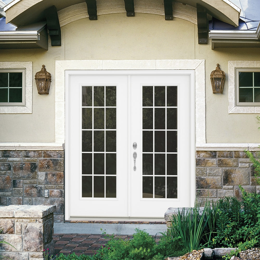 JELD-WEN 72-in x 80-in 4-9/16-in Low-E External Grilles Primed Steel French Right-Hand Inswing Double Patio Door