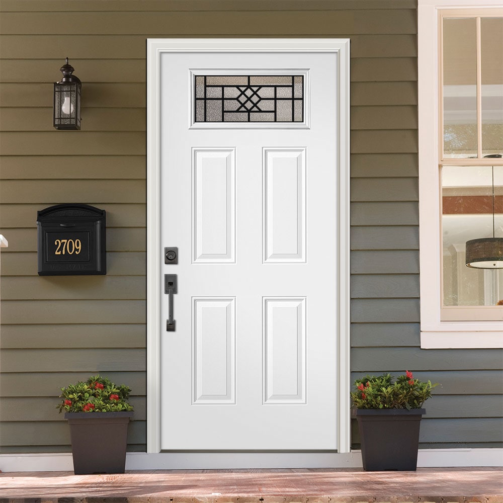 Masonite 36-in x 80-in Steel 1/4 Lite Right-Hand Inswing Primed Prehung Single Front Door with Brickmould
