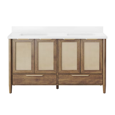 Origin 21 Westmoreland 60-in Walnut Undermount Double Sink Bathroom Vanity with White Engineered Stone Top