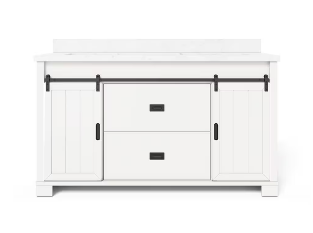 Brindley 60 in. W x 20 in. D x 34.5 in. H Barn Door Bath Vanity in White with Engineered Stone Composite Top