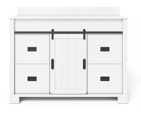 Brindley 48 in. W x 20 in. D x 34.5 in. H Barn Door Bath Vanity in White with Engineered Stone Composite Top
