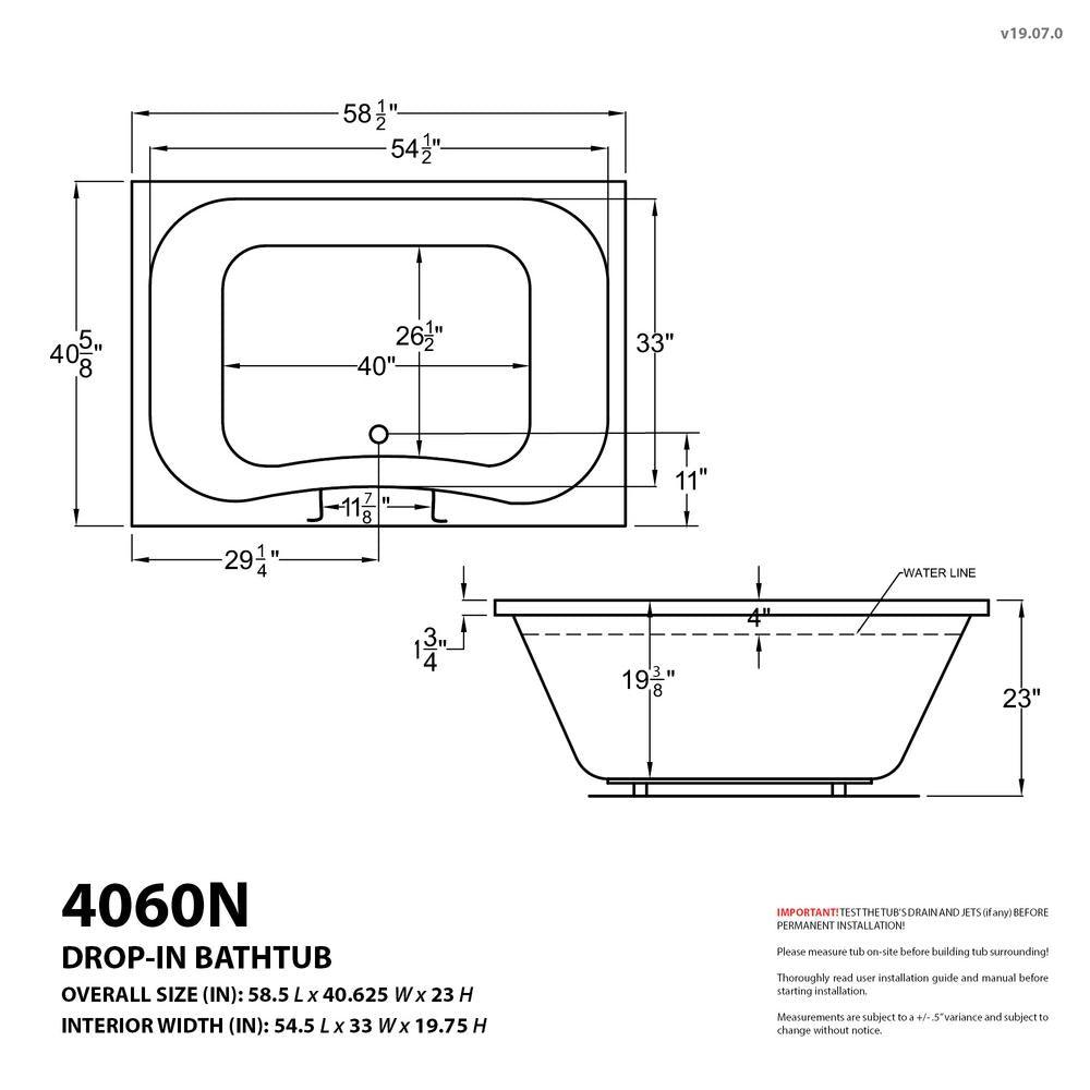Rhode 5 ft. Acrylic Center Drain Rectangular Drop-in Non-Whirlpool Bathtub in White - Super Arbor