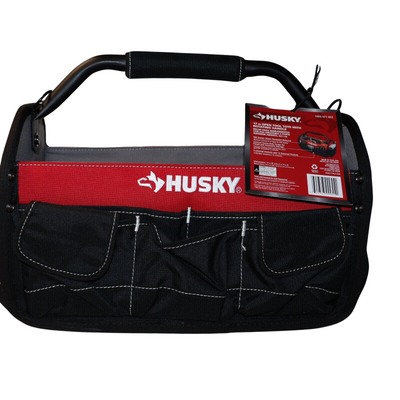 Husky 17 in. Open Top Weather Resistant Tool Tote Bag in Red with 18 total pockets and heavy-duty rotating handle