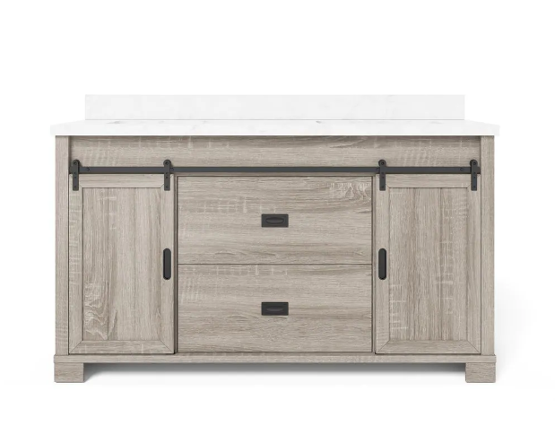 Brindley 60 in. W x 20 in. D x 34.5 in. H Barn Door Bath Vanity in Weathered Gray with Engineered Stone Composite Top