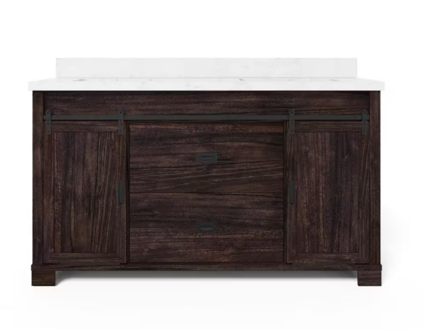 Brindley 60 in. W x 20 in. D x 34.5 in. H Barn Door Bath Vanity in Dark Walnut with Engineered Stone Composite Top