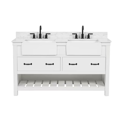 allen + roth Briar 60-in Carrara White Farmhouse Double Sink Bathroom Vanity with White Engineered Marble Top