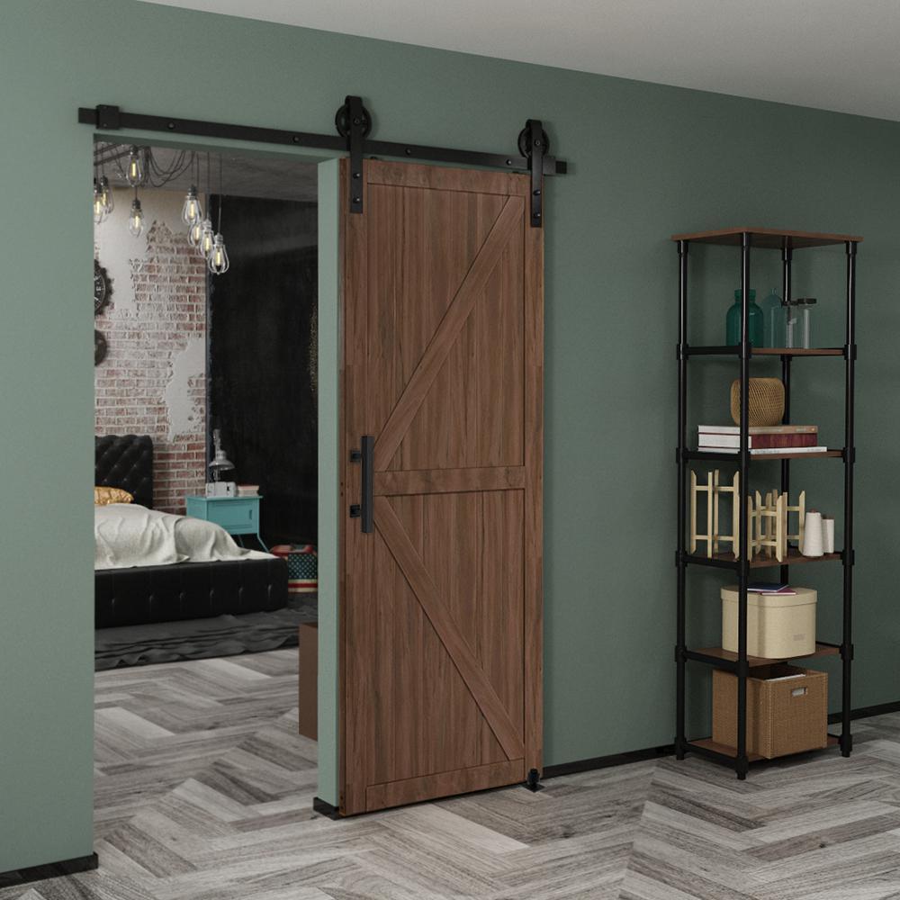 5 ft./60 in. Black Steel Bent Strap Sliding Barn Door Track and Hardware Kit with 12 in. Square Pull and Flush Handle - Super Arbor