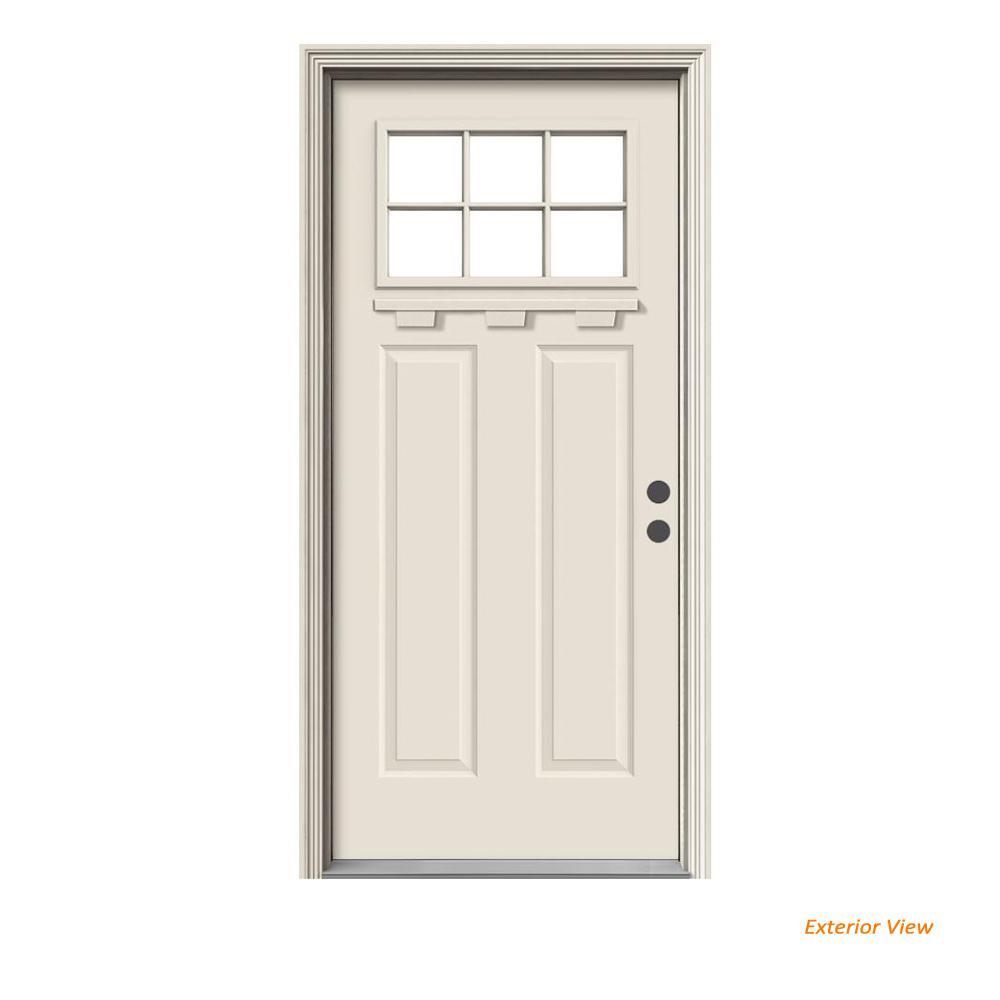 JELD-WEN 36 in. x 80 in. 6-Lite Craftsman Primed Steel Prehung Left-Hand Inswing Front Door with Brickmould and Shelf
