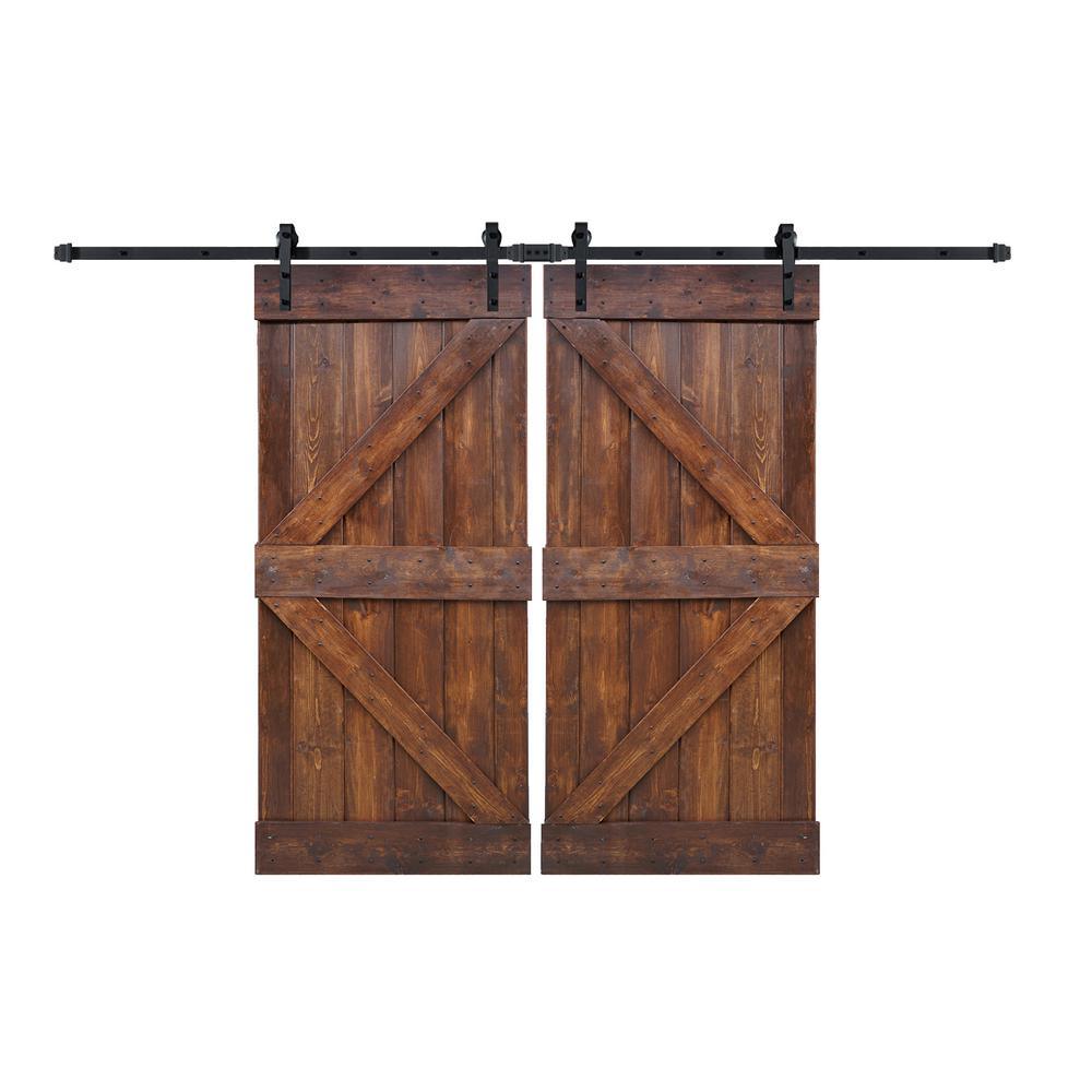 72 in x 84 in K Series Dark Walnut DIY Finished Knotty Pine Wood Double Sliding Barn Door Slab with Hardware Kit - Super Arbor