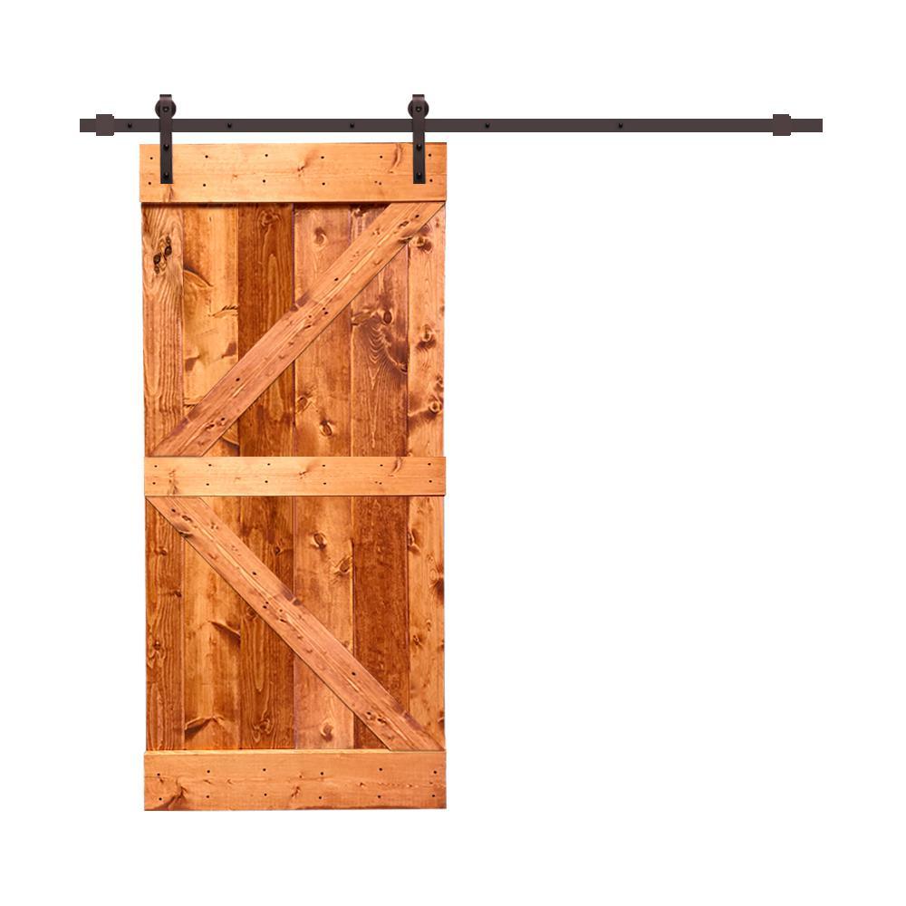 Distressed K 42 in. x 84 in. Walnut Stained Solid Knotty Pine Wood Interior Sliding Barn Door with Hardware Kit - Super Arbor