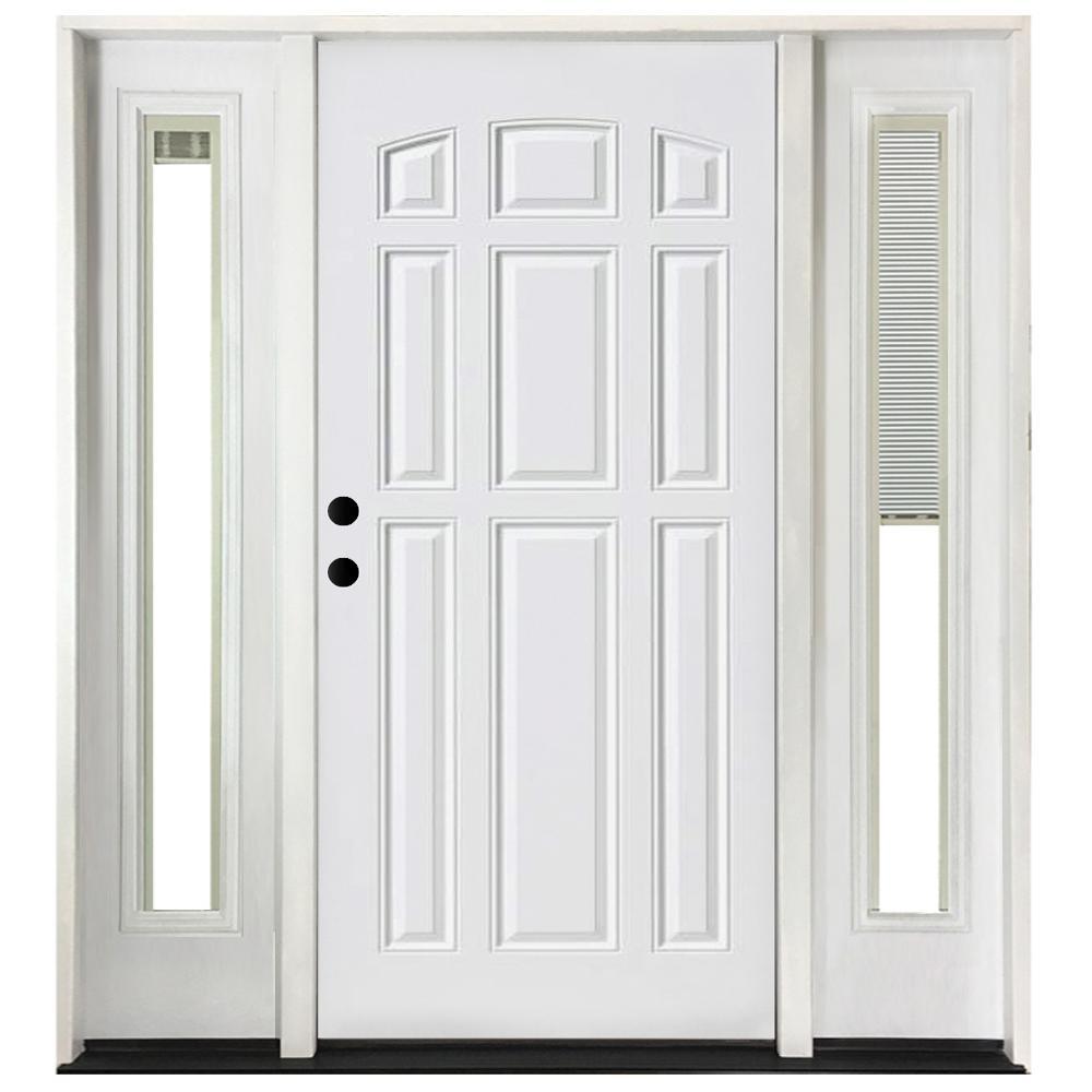 68 in. x 80 in. 9 Panel Primed White Right-Hand Steel Prehung Front Door with 14 in. Mini Blind Sidelites 6 in. Wall - Super Arbor
