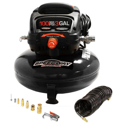 3 Gal. Oil-Free Compressor with Onboard Accessory Storage, 120 Volt 25 ft. Hose and Inflation Kit - Super Arbor