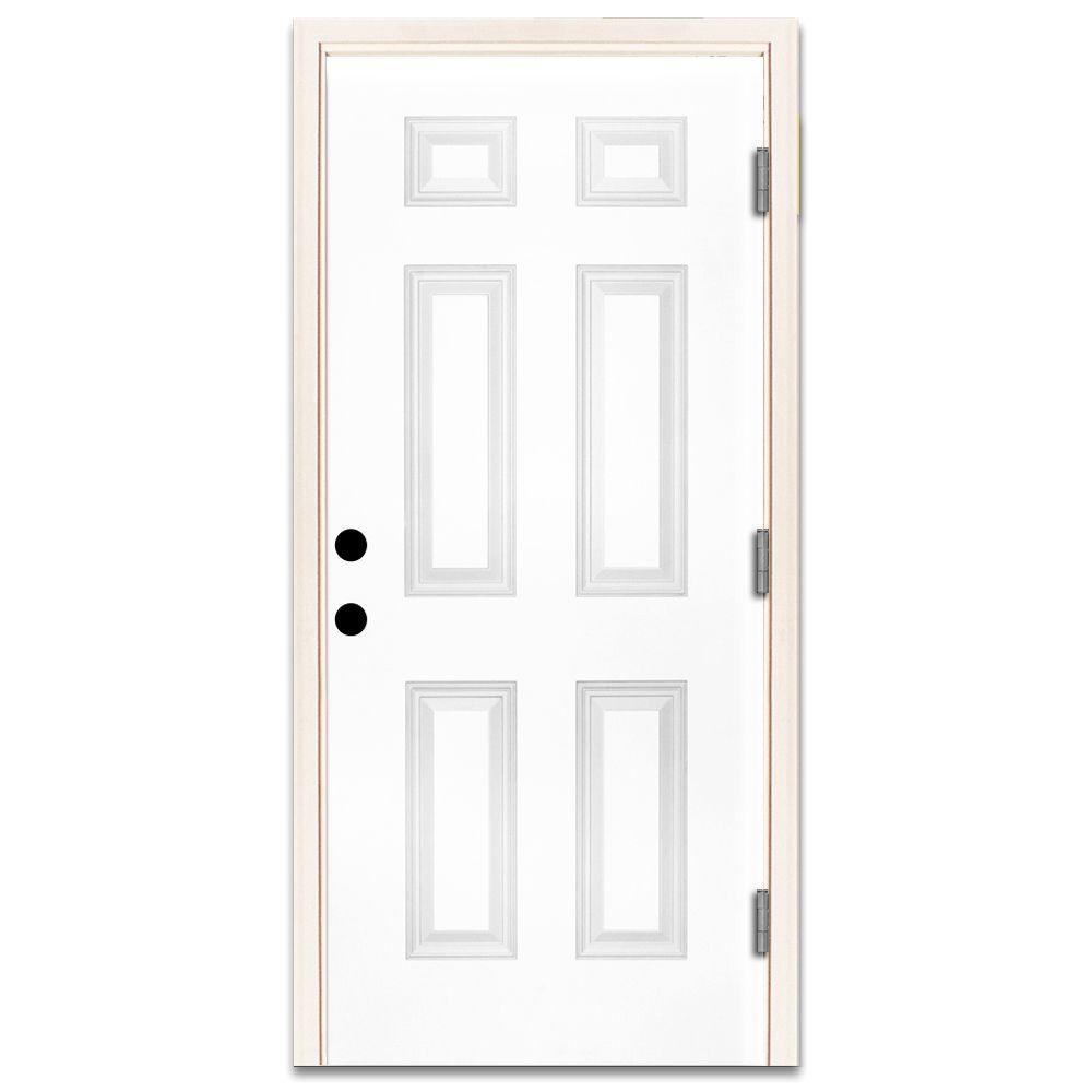 30 in. x 80 in. Premium 6-Panel Primed White Steel Prehung Front Door Left-Hand Outswing and 4 in. Wall - Super Arbor