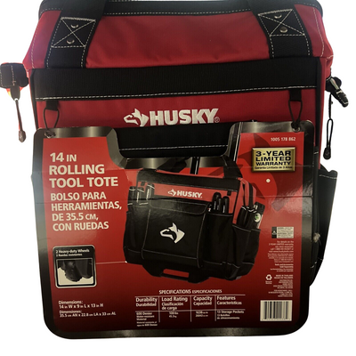 Husky 14 in. Zipper Top Rolling Water Resistant Tool Tote Bag in Red with 13 total pockets and heavy-duty telescoping handle