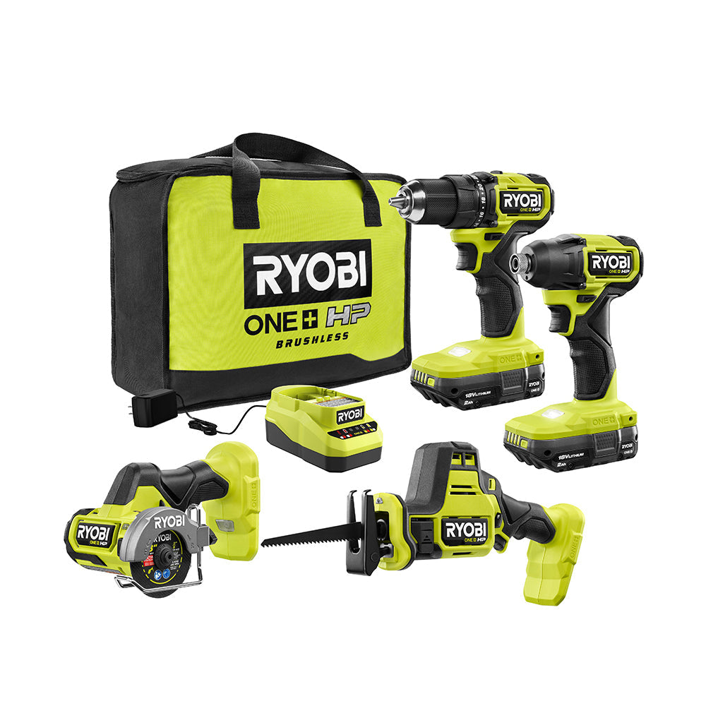 RYOBI ONE+ 18V HP Brushless Cordless 4-Tool Combo Kit with (2) Batteri ...