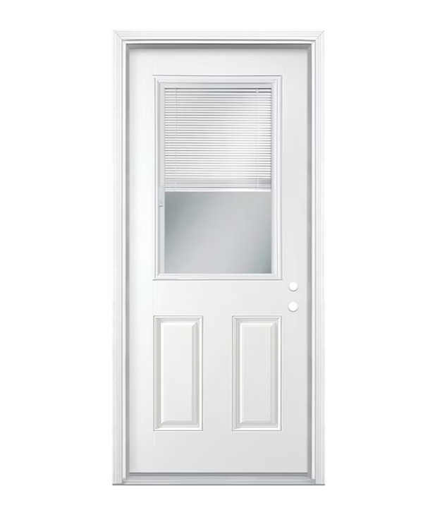 Masonite 32-in x 80-in Steel Half Lite Left-Hand Inswing Primed Prehung Single Front Door with Brickmould Insulating Core with Blinds