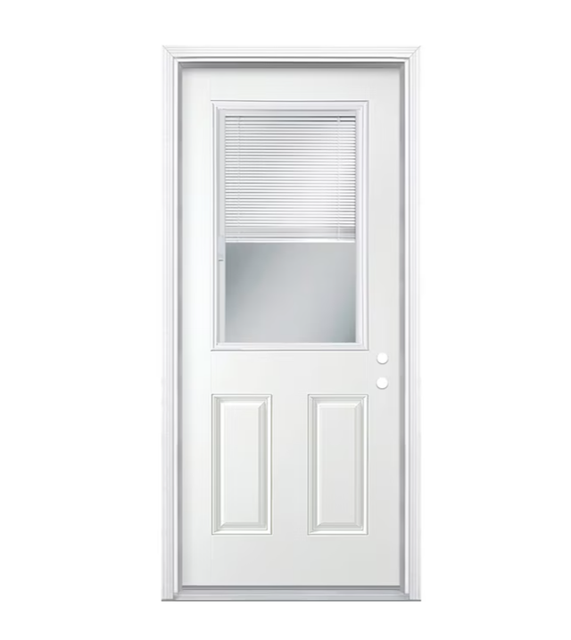Masonite 30-in x 80-in Steel Half Lite Left-Hand Inswing Primed Prehung Single Front Door with Brickmould Insulating Core with Blinds