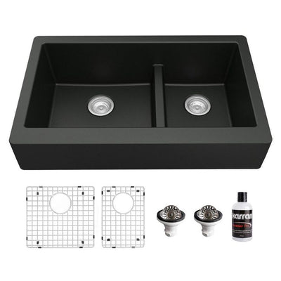 Retrofit Apron-Front Quartz/Granite composite 34 in. Double Bowl 60/40 Farmhouse Kitchen Sink Kit in Black