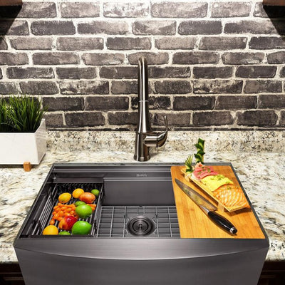 Handmade Workstation Mount Stainless Steel 30 in. x 20 in. Single Bowl Ledge Farmhouse Apron Kitchen Sink in Matte Black
