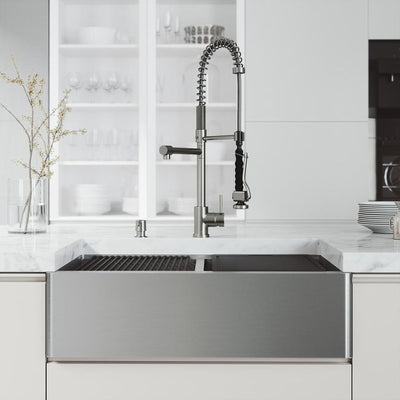 All-in-One Flat Farmhouse Apron Oxford Stainless Steel 33 in. Double-Bowl Kitchen Sink Workstation with Zurich Faucet