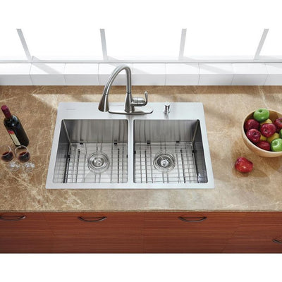 Drop-in Stainless Steel 33 in. 4-Hole Double Bowl 50/50 Kitchen Sink Kit in Satin