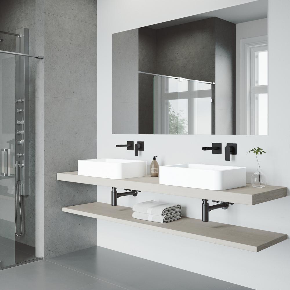 Petunia White Matte Stone Vessel Bathroom Sink Set with Atticus Wall Mount Faucet in Matte Black - Super Arbor