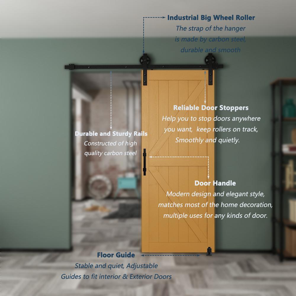 6.6 ft./79 in. Black Steel Strap Sliding Barn Door Track and Hardware Kit with 12 in. Square Handle and Floor Guide - Super Arbor