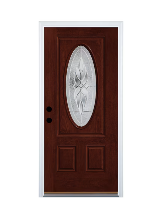 Therma-Tru Varissa 36-in x 80-in Fiberglass Oval Lite Right-Hand Inswing Mahogany Stained Prehung Single Front Door with Brickmould Insulating Core