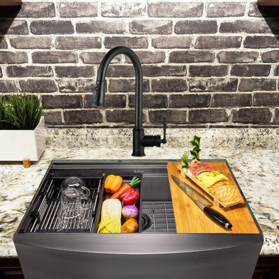 All-in-One Matte Black Finished Stainless Steel 33 in. x 22 in. Farmhouse Apron Mount Kitchen Sink with Pull-down Faucet