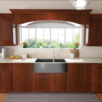 Stainless Steel 33 in. Gunmetal Black Double Bowl Farmhouse Apron Front Kitchen Sink 60/40 16-Gauge Farm Sink