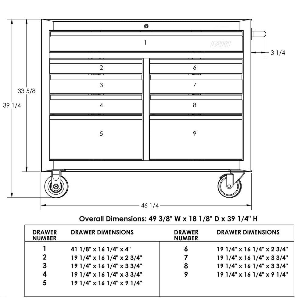 46 in. 9-Drawer Center Roller Cabinet Tool Chest in Black – Super