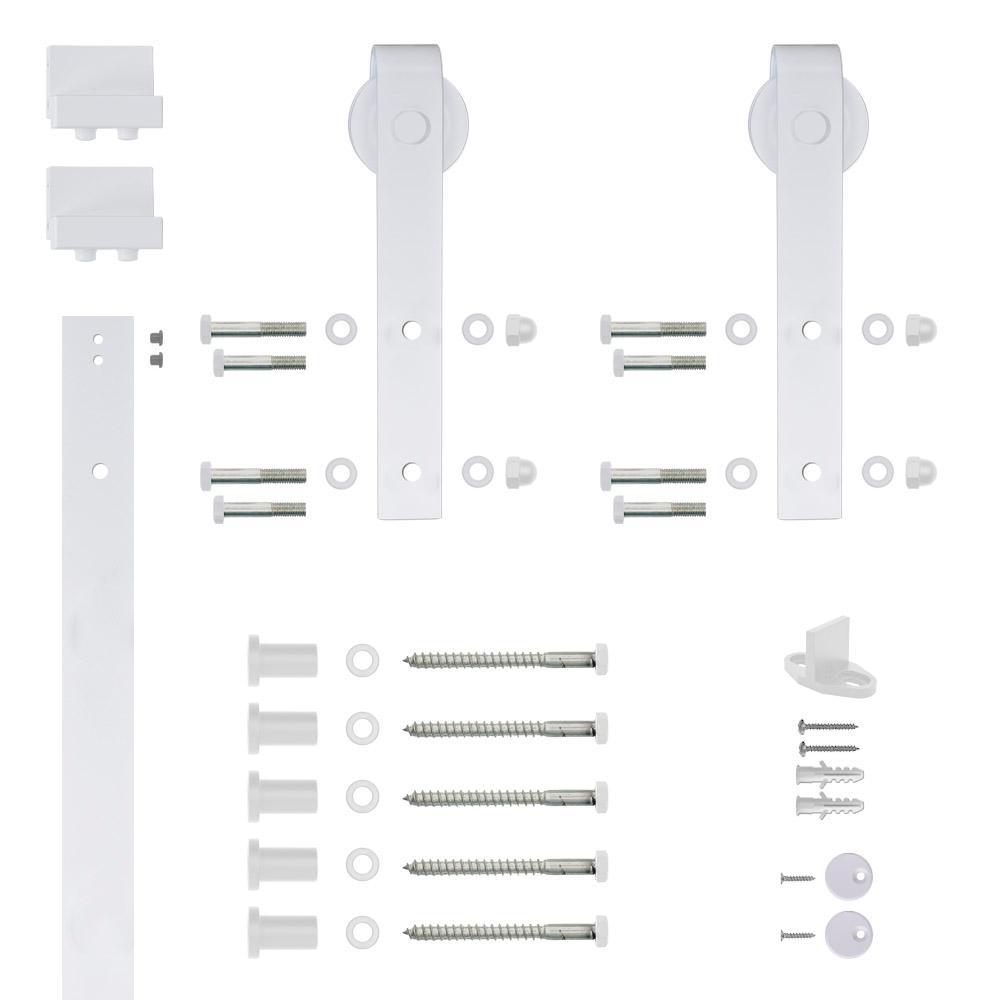 Hook Strap White Rolling Barn Door Hardware Kit with 2-3/4 in. Wheel - Super Arbor
