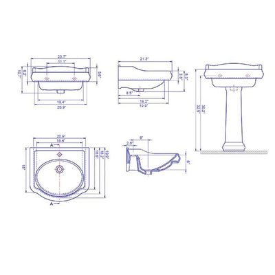 Nameeks Traditional Pedestal Sink in White with 3 Faucet Holes