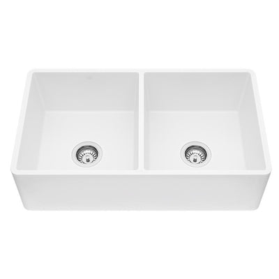 Matte Stone White Composite 33 in. Double Bowl Reversible Flat Farmhouse Apron-Front Kitchen Sink with 2 Strainers - Super Arbor