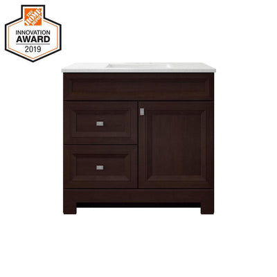 Sedgewood 36-1/2 in. W Bath Vanity in Dark Cognac with Solid Surface Technology Vanity Top in Arctic with White Sink - Super Arbor