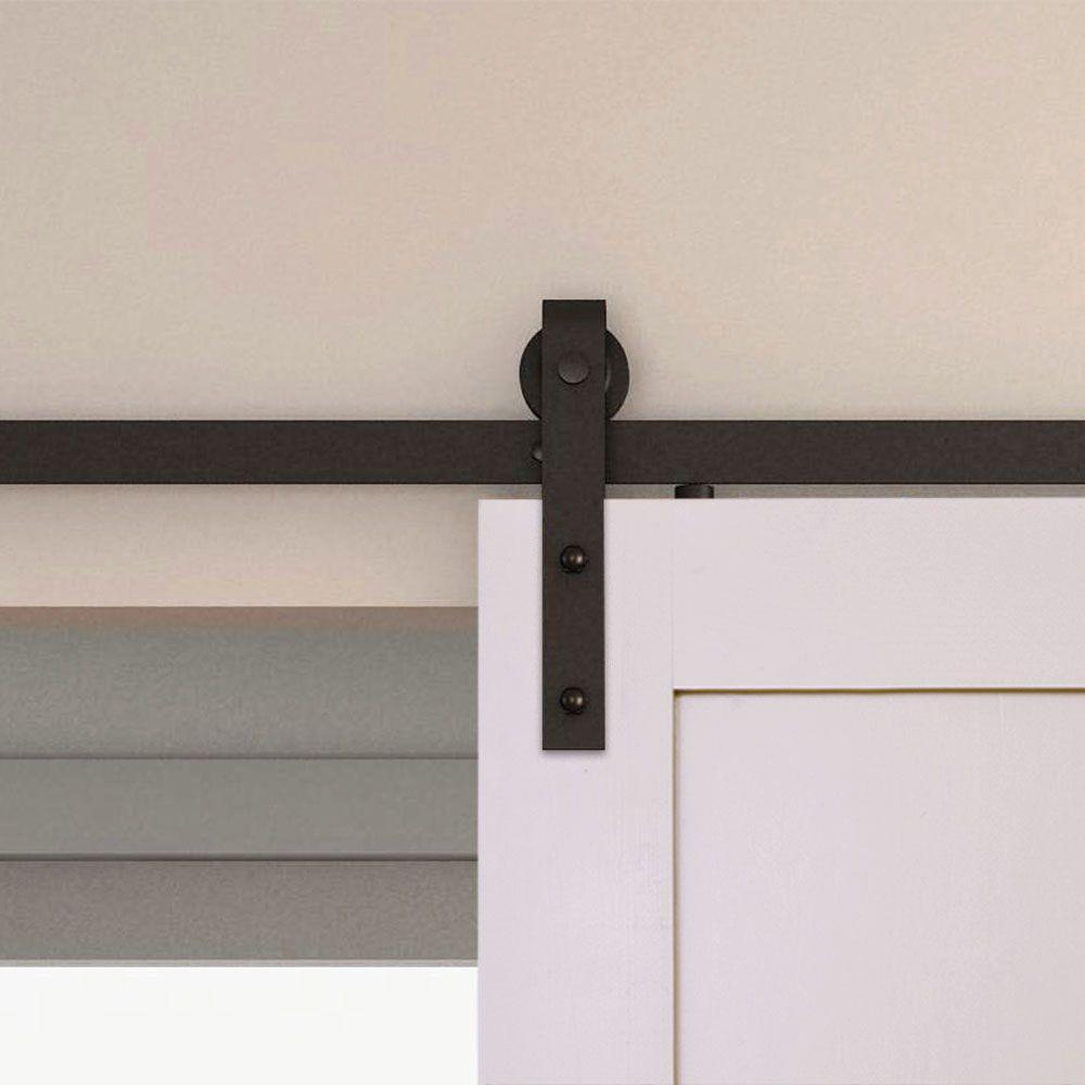 78 in. Black Solid Steel Rolling Barn Door Hardware Kit for Single Wood Doors with Non-Routed Adjustable Floor Guides - Super Arbor