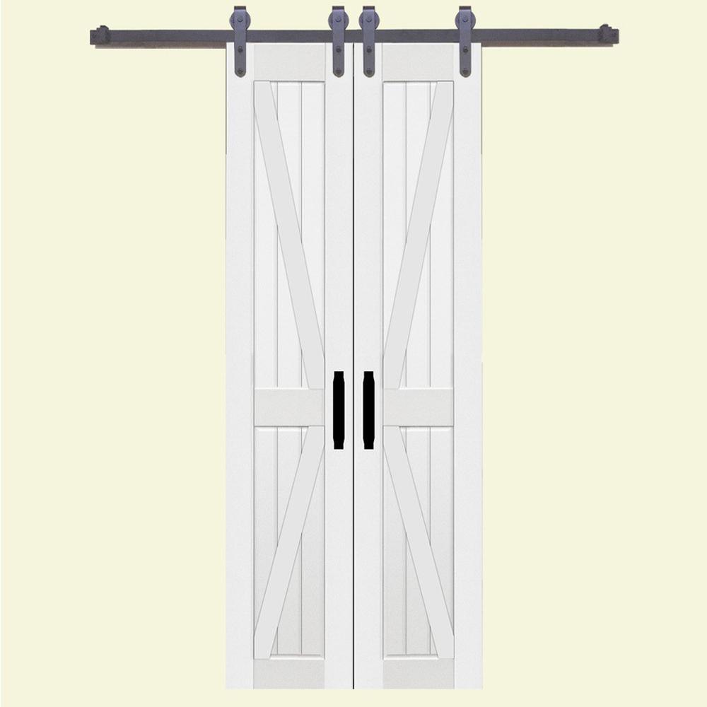 36 in. x 84 in. Board and Batten Composite PVC White Split Sliding Barn Door with Hardware Kit - Super Arbor