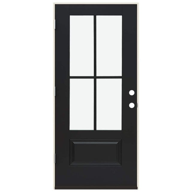 JELD-WEN 36 in. x 80 in. Right-Hand 4 Lite Clear Glass Black Painted Fiberglass Prehung Front Door with Brickmould