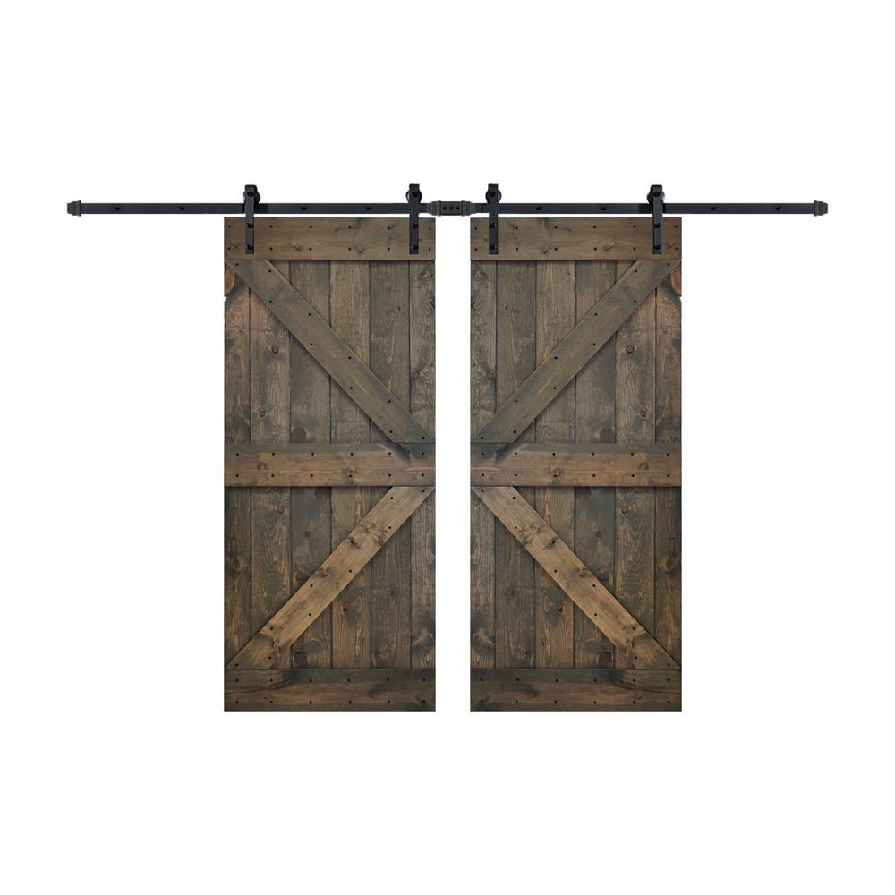 72 in x 84 in K Series Dark Walnut DIY Finished Knotty Pine Wood Double Sliding Barn Door Slab with Hardware Kit - Super Arbor
