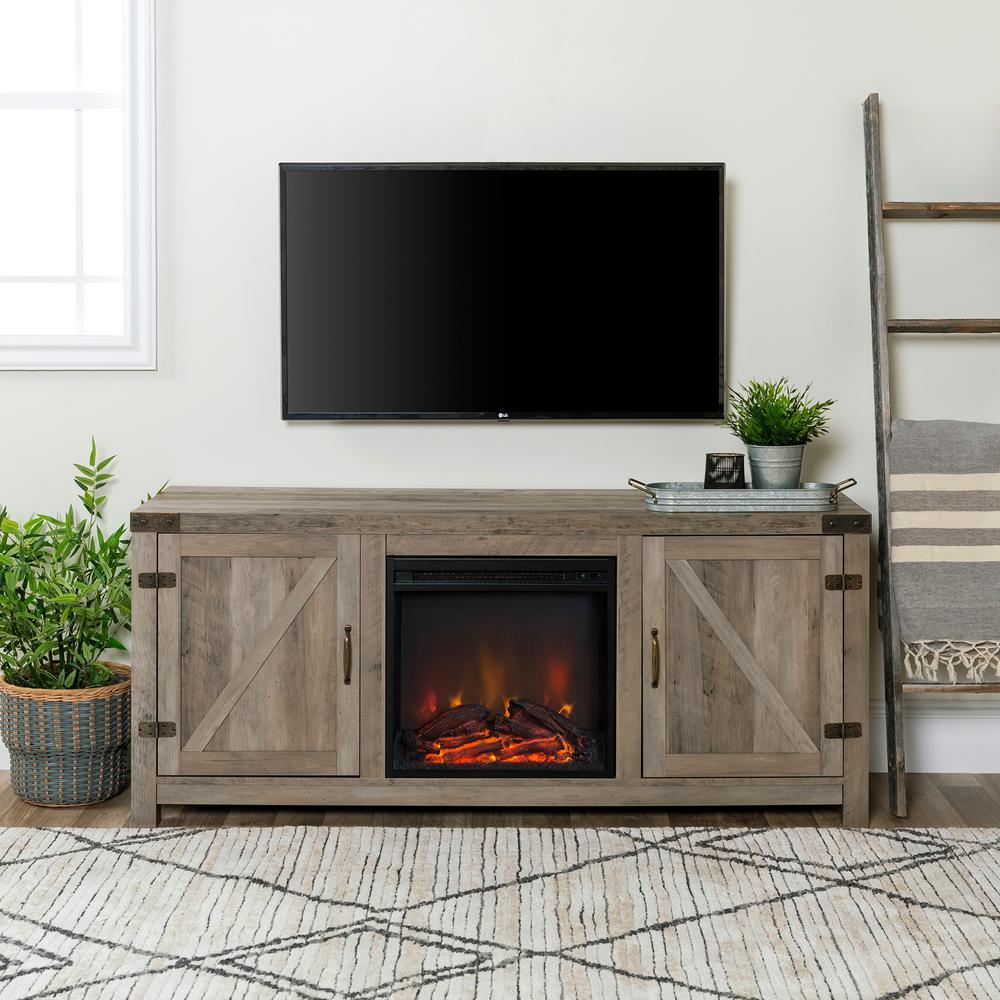 58 in. Rustic Barnwood Modern Farmhouse Barn Door Fireplace TV Stand Storage Console - Super Arbor