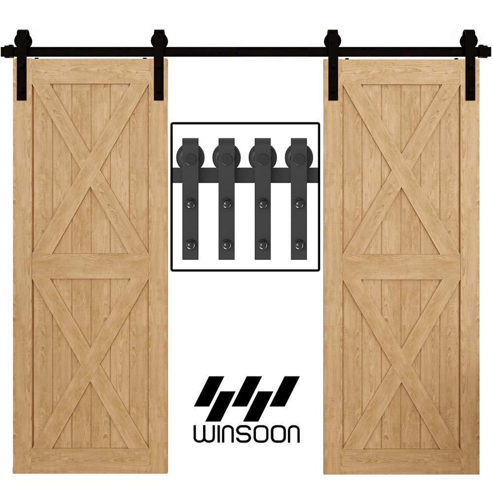 16 ft. /192 in. Frosted Black Sliding Barn Door Hardware Track Kit for Double Doors with Non-Routed Floor Guide - Super Arbor
