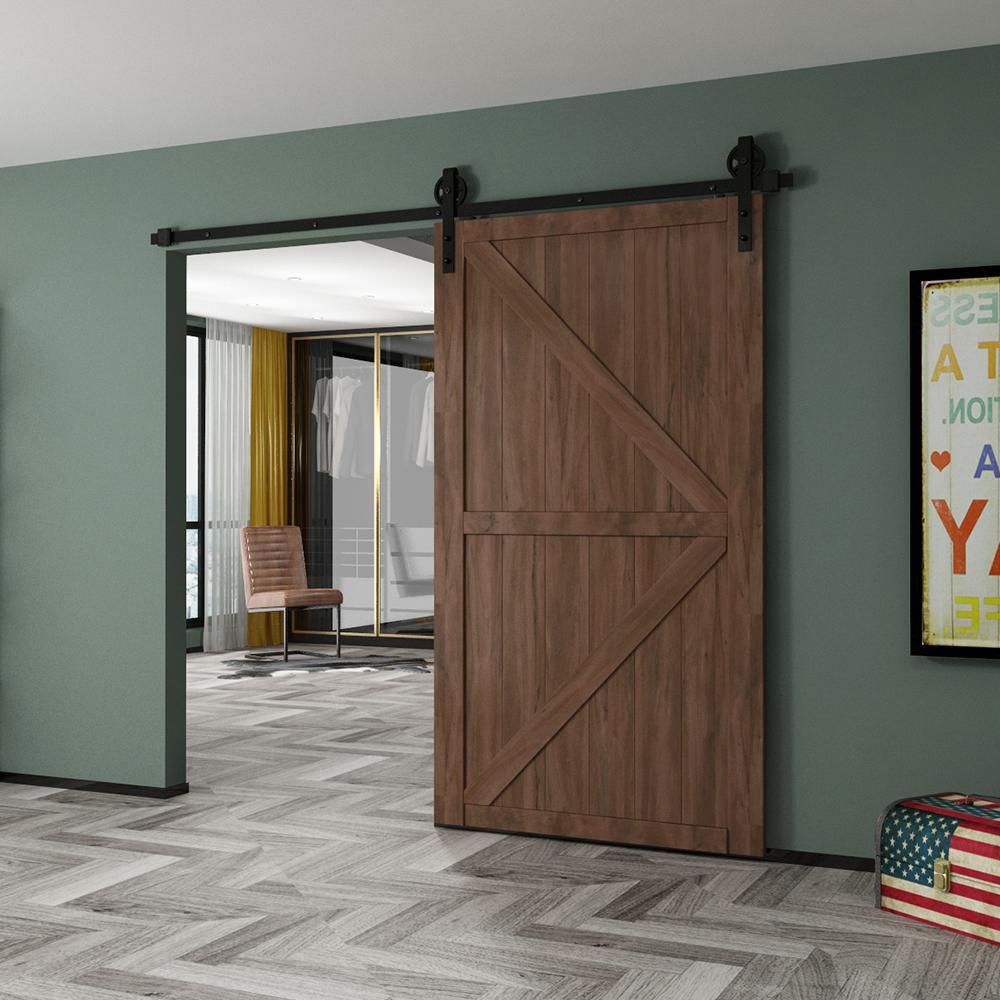 8 ft./96 in. Black Sliding Barn Door Track and Hardware Kit (Bigwheel J Shape Hanger) for Single Door with Floor Guide - Super Arbor