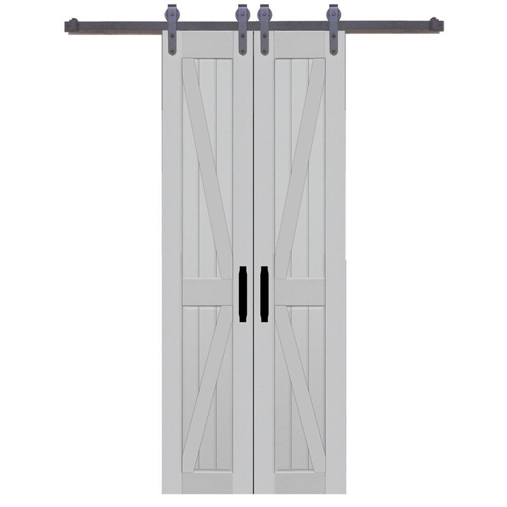 36 in. x 84 in. Board and Batten Composite PVC White Split Sliding Barn Door with Hardware Kit - Super Arbor