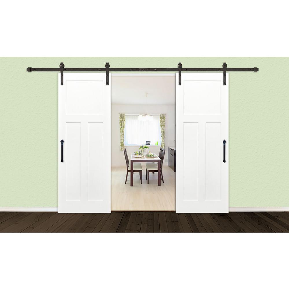 60 in. x 80 in. Bi-Parting Shaker 3-Panel Solid Core Primed Pine Sliding Barn Door with Bronze Hardware Kit - Super Arbor