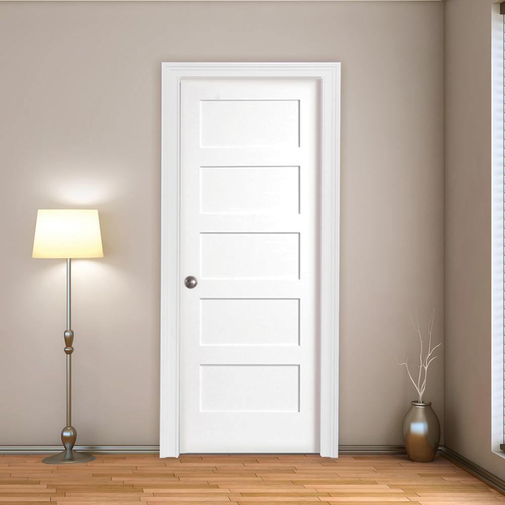 30 in. x 80 in. 5-Panel White Primed Shaker Solid Core Wood Interior Door Slab with Bore - Super Arbor