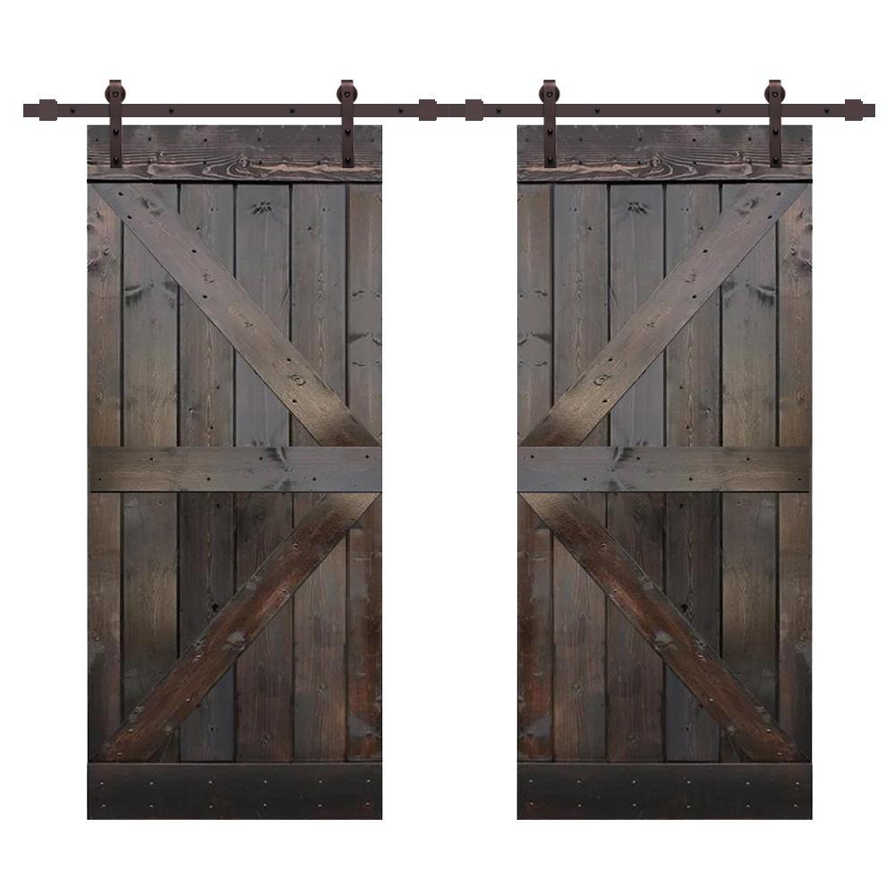 Distressed K Series 36 in. x 84 in. White Stained Solid Pine Wood Double Interior Sliding Barn Door with Hardware Kit - Super Arbor